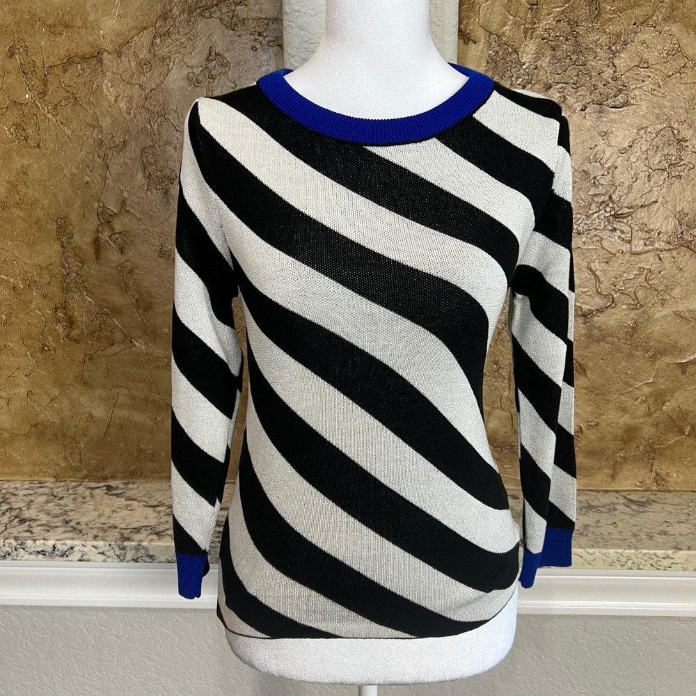 NWT Maeve Sweater Women XS Black White Stripe Retro Mod Knit Blue Trim Parisian
